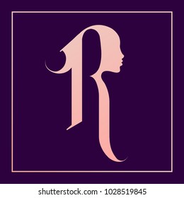 Letter R with beautiful woman portrait silhouette.Cosmetics and beauty vector icon.