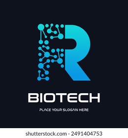 Letter R biotechnology vector logo template. This logo use molecule symbol. Suitable for biology and chemistry.