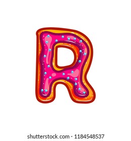 Letter R. Biscuit with glaze and confetti. Sweet donuts bakery font. Christmas cookies. Vector cartoon alphabet isolated on white background.  Hand drawn colored illustration. 