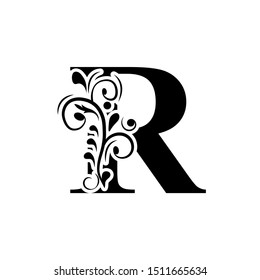 letter R. Black flower alphabet.  Beautiful capital letters.