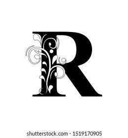 letter R. Black flower alphabet.  Beautiful capital letters.