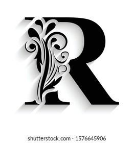 letter R. Black flower alphabet.  Beautiful capital letters with shadow