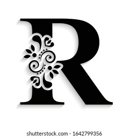 letter R. Black flower alphabet.  Beautiful capital letter with shadow