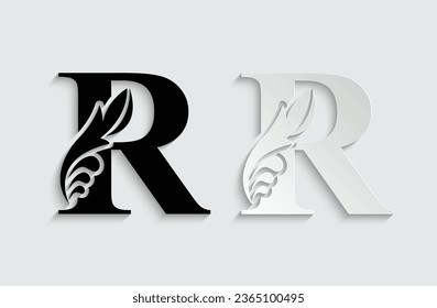 letter R. Black flower alphabet. Beautiful capital letters with shadow