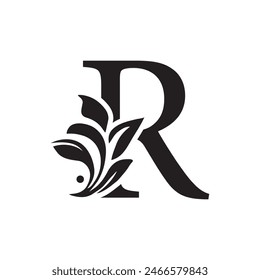 letter R Black flower alphabet. Beautiful capital letters with shadow