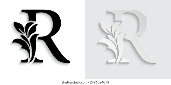 letter R Black flower alphabet. Beautiful capital letters with shadow