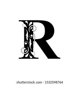 letter R. Black flower letters,  alphabet.  Beautiful capital letter. vector