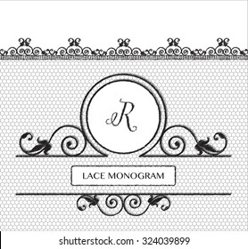 Letter R black lace monogram, stitched on seamless tulle background with antique style floral border. EPS10 vector format.