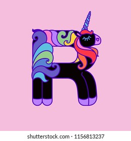 Letter "R" black unicorn. Written by unicorns. Letter in the style of the unicorn. Fairytale font. Black unicorn with a multicolored mane. Trend print on a T-shirt. Logo "R". Isolated on a pink backgr