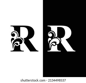 letter R black and white. flower  letters. Vintage ornament initial Alphabet. Logo vector 
