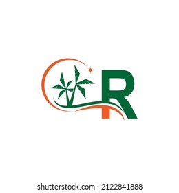 Letter R blends with coconut trees by the beach at night template