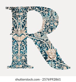 Letter R botanical pattern font, inspired by William Morris illustration isolated on white, vector. Vintage illustration. Vintage font artwork element by William Morris, old art illustration vector.