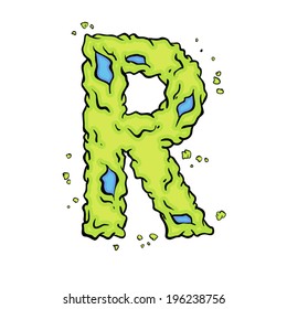 The letter R. Bright green element stylish alphabet style zombies. Halloween ABC grimy element in the vector. Hand drawn letter R isolated on white background.