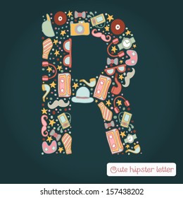 The letter R. Bright hipster element of colorful alphabet made! Hipster ABC element in vector. Vector hipster glasses, camera, a tie, the player, hat, mustache, pipe.