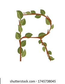 Letter R brown tree branches with green leaves eco font flat vector illustration isolated on white background