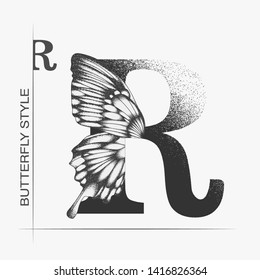 Letter R with butterfly silhouette. Monarch wing butterfly logo template isolated on white background. Calligraphic hand drawn lettering design. Alphabet concept. Monogram vector illustration. EPS 10