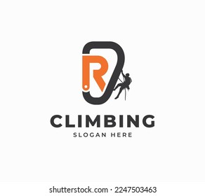 Letter R carabiner equipment rock climbing people sport adventure creative vector logo design