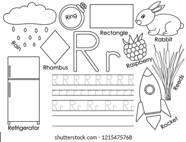 Letter R. Card with pictures and writing practice for preschool children. Learning English language. Coloring book. 