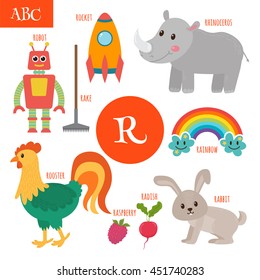 Letter R. Cartoon alphabet for children. Radish, rhinoceros, rocket, raspberry, robot, rainbow, rake, rooster, rabbit. Vector illustration