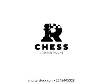 Letter R chess logo design with pawn and chess board