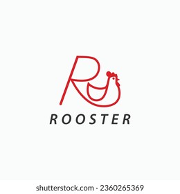 Letter R with chicken rooster logo. Line art outline icon vector illustration