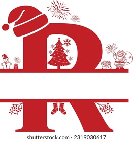 Letter R, R Christmas Monogram, Letter R Silhouette with Christmas symbols, Christmas logo, Christmas Design for Print, Screen Print T-Shirt