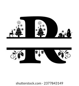 Letter R, R Christmas Monogram, Letter R Silhouette with Christmas symbols, Christmas logo, Christmas Design for Print, Screen Print T-Shirt