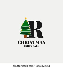 letter R with christmas tree decoration for celebrating december sale or party initial icon