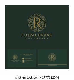 Letter R Circle Floral Botanical Leaf Logo Design