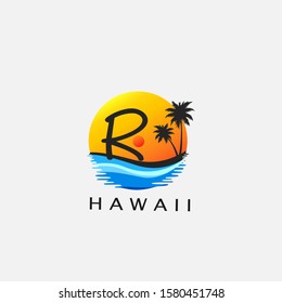 Letter R - Circle Hawaii Palm Beach Logo icon.  Nature logo design concept sunset, palm tree and  sea wave on circle for initial letter R, surfing shop, sport, Tour and Travel.