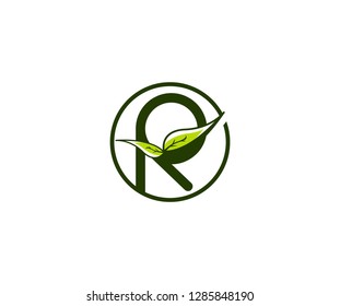 Letter R Circle Stylish Monogram Minimalism Green Leaf Logo Design Illustration