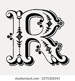 Letter R in classic medieval art alphabet illustration isolated on white, vector. Vintage illustration isolated on white, vector.