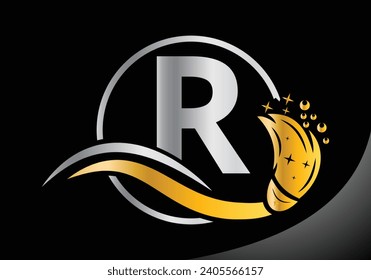 Letter R Cleaning logo, Cleaning brush logo Design Vector Template.