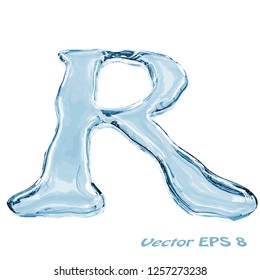 Letter R from clear transparent bluish water droplets. Isolated on white background. Vector EPS 8.