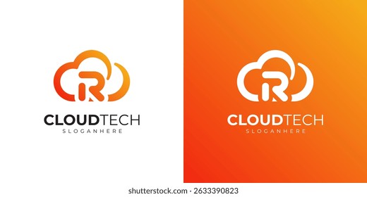 Projeto do logotipo da nuvem da letra R com gradiente laranja moderno, símbolo de conceito digital e técnico