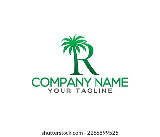 Letter R with coconut and palm tree  logo design. Summer and beach tree unique vector illustration.