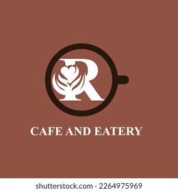 Letter R with Coffee Flower Art and Cup for Cafe, Coffee Shop, Coffee Bean Company Logo Idea Template