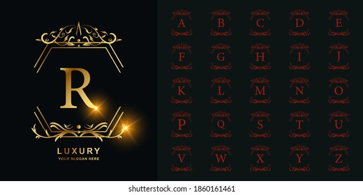 Letra R o colección alfabeto inicial con una plantilla de logotipo dorado de marco floral adornado de lujo.