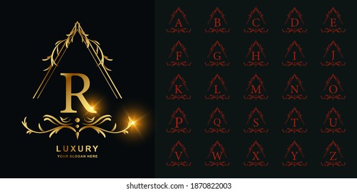 Letter R or collection initial alphabet with luxury ornament floral frame golden logo template.