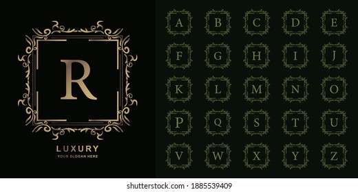 Letter R or collection initial alphabet with luxury ornament floral frame golden logo template.