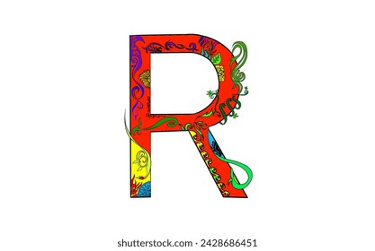 The letter R is colored with colorful orange gradients decorated with flowers and plants on a white background