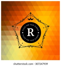 The letter R & colored triangular texture. Flourishes calligraphic monogram emblem template. Luxury elegant frame ornament line logo design vector illustration. Example designs for Cafe, Hotel