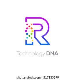 Letter R colorful with abstract biotechnology dna logotype. Medicine, science, laboratory,Technology DNA vector concept