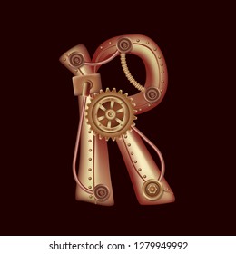 Letter R from the complete set of characters of the font. Symbol of the Latin alphabet and English language. Copper and brass fantasy mechanical steampunk construction with tubes, gears and rivets.