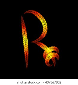 The letter "R" consists of triangular elements on black background. Imitation glowing gold. Script font without gradients.