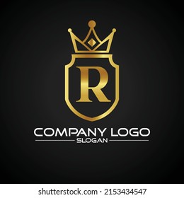 Letter r crest logo Alphabet logotype shield crown gold vector design