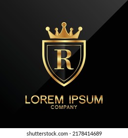Logo de la lettre R crête logo Alphabet logotype bouclier couronne or création vectorielle