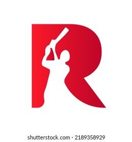 Letter R Cricket Batsman Logo Design Vector Sign. Cricket Club Logotype Symbol