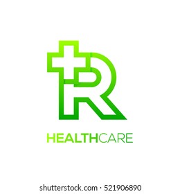 Letter R cross plus logo Green color,Medical healthcare hospital Logotype