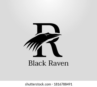 Letter R crow logo designs, black raven in letter R vector illustration design